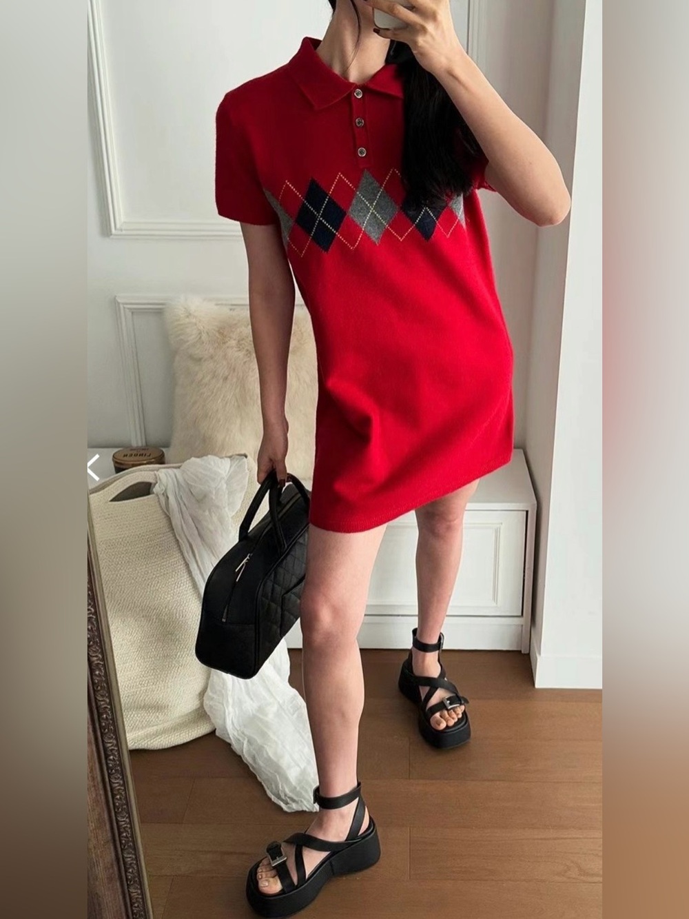 NWT Zara Womens Sweater Dress Red Argyle Collared Short Sleeve Acrylic Polo M